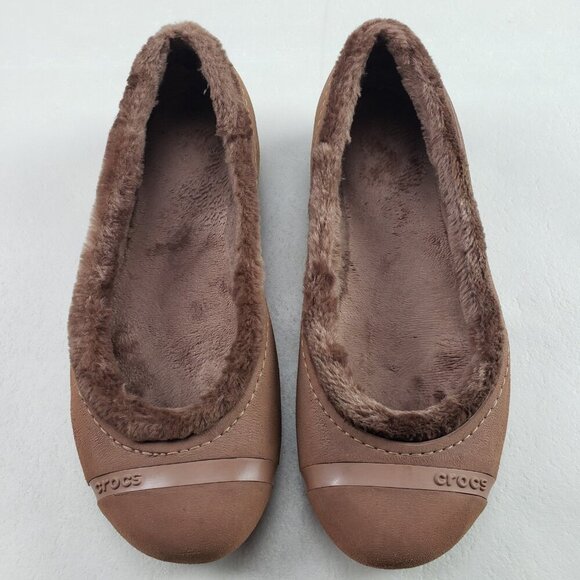 Crocs Nanook Faux Fur Flat Womens 8 Brown Slip On Comfort Shoe Lined Cap Toe - Picture 3 of 9